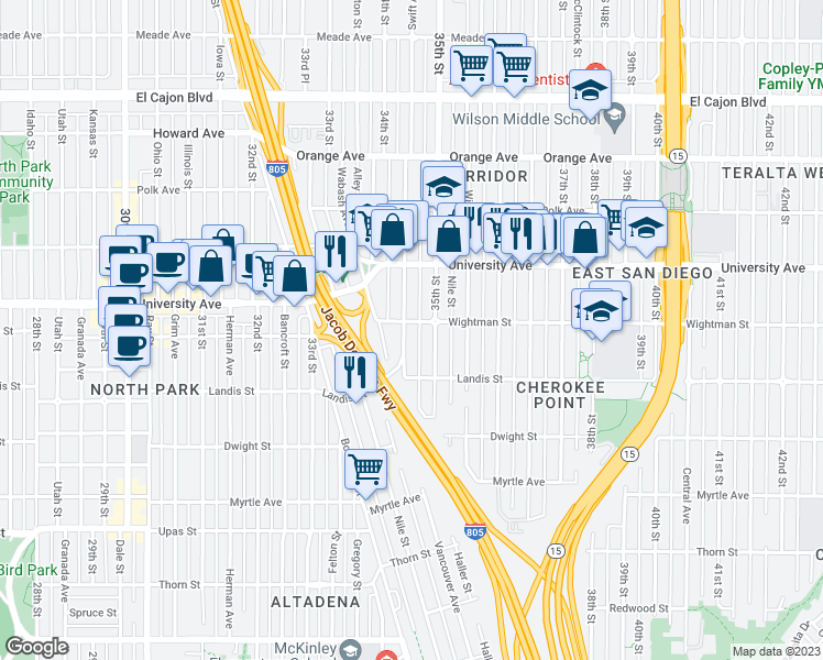 map of restaurants, bars, coffee shops, grocery stores, and more near 3806 35th Street in San Diego