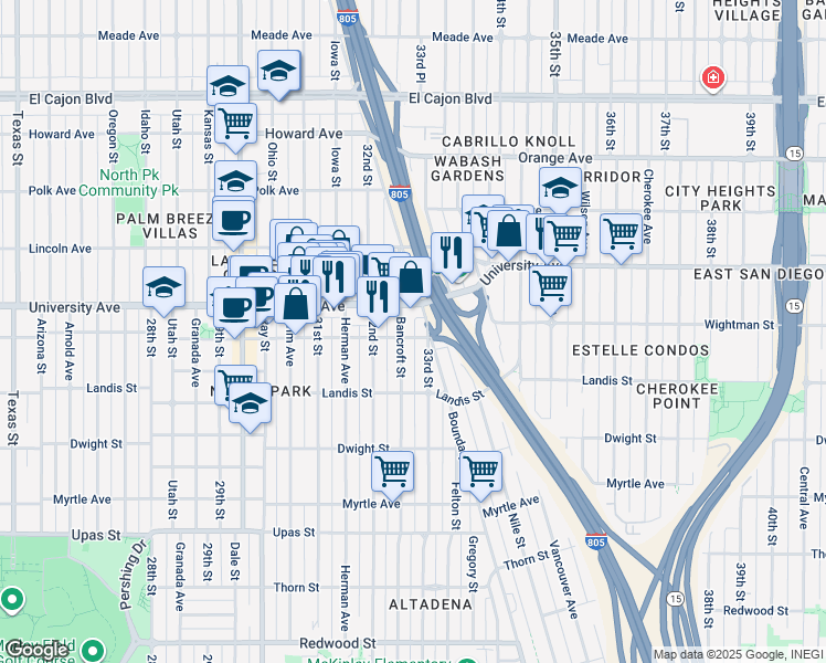 map of restaurants, bars, coffee shops, grocery stores, and more near 3832 33rd Street in San Diego
