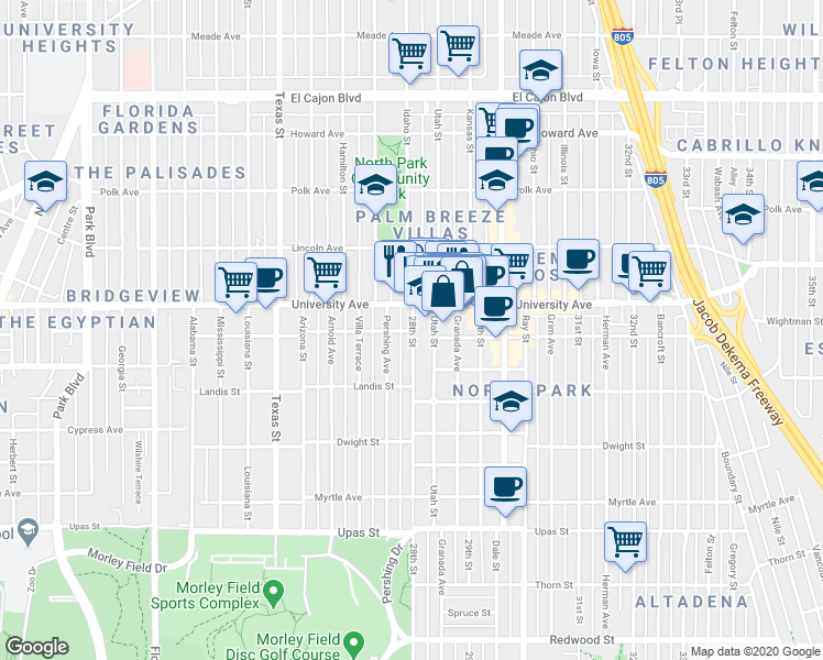 map of restaurants, bars, coffee shops, grocery stores, and more near in San Diego