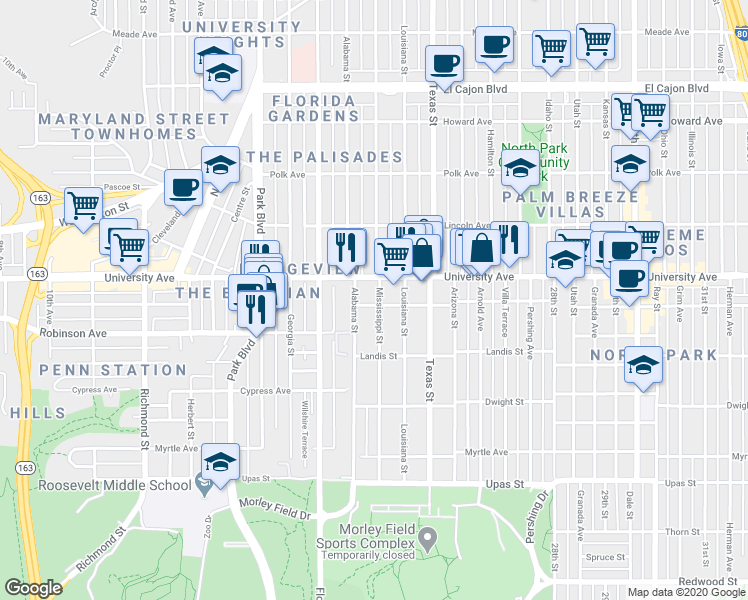map of restaurants, bars, coffee shops, grocery stores, and more near in San Diego