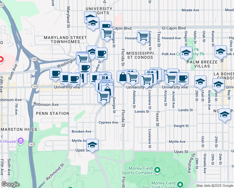 map of restaurants, bars, coffee shops, grocery stores, and more near 3880 Florida Street in San Diego