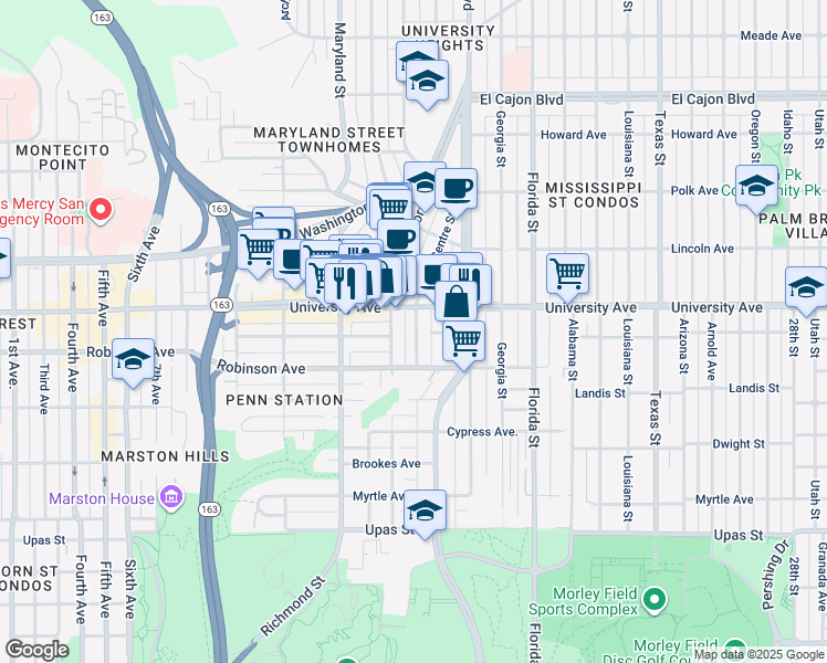 map of restaurants, bars, coffee shops, grocery stores, and more near 3824 Centre Street in San Diego