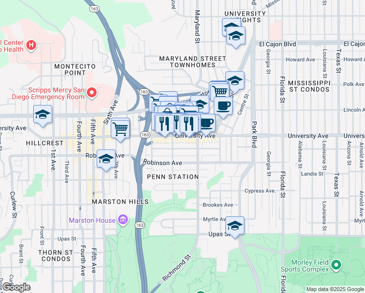 map of restaurants, bars, coffee shops, grocery stores, and more near in San Diego