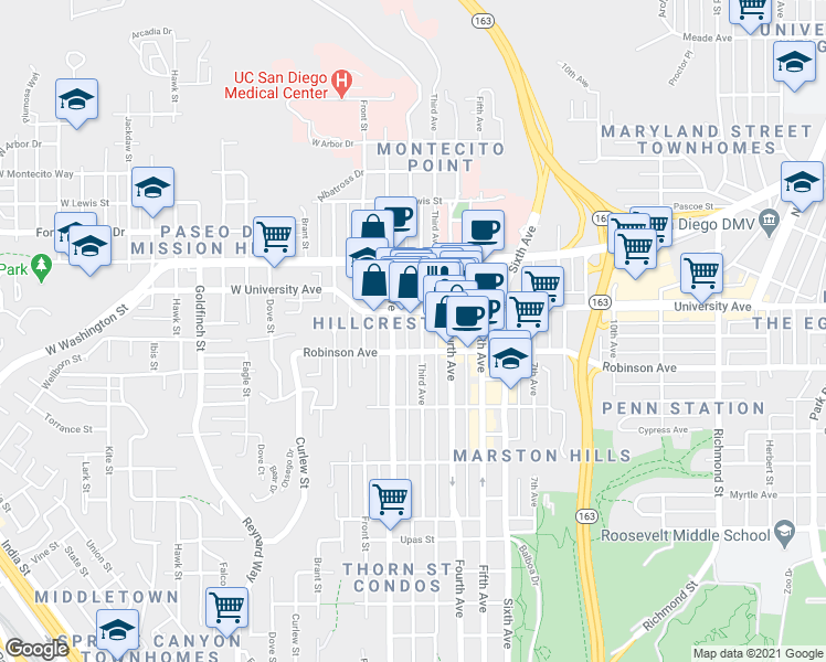 map of restaurants, bars, coffee shops, grocery stores, and more near 127 University Avenue in San Diego