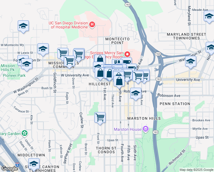 map of restaurants, bars, coffee shops, grocery stores, and more near 127 University Avenue in San Diego