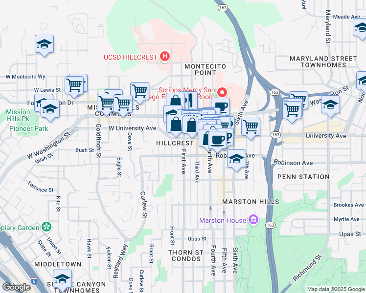 map of restaurants, bars, coffee shops, grocery stores, and more near 127 University Avenue in San Diego