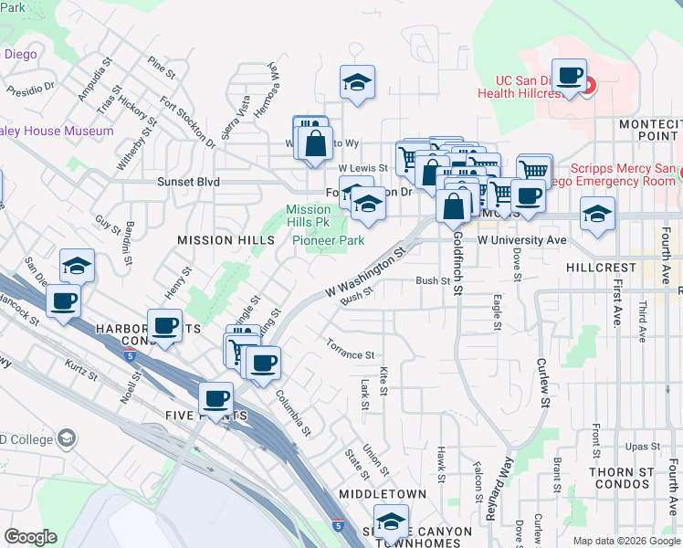 map of restaurants, bars, coffee shops, grocery stores, and more near 3963 Pringle Street in San Diego