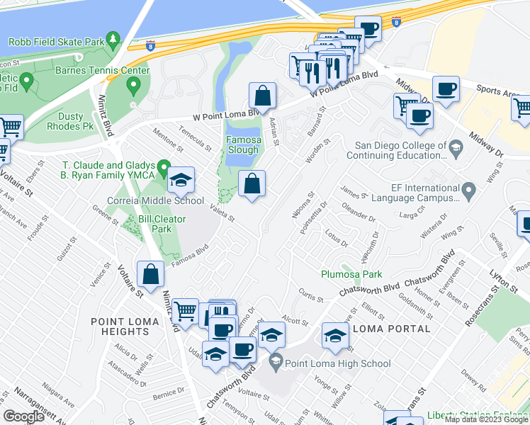 map of restaurants, bars, coffee shops, grocery stores, and more near 2654 Worden Street in San Diego