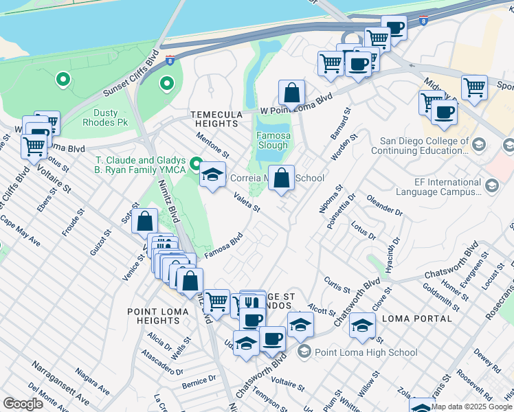 map of restaurants, bars, coffee shops, grocery stores, and more near 4201 Montalvo Street in San Diego