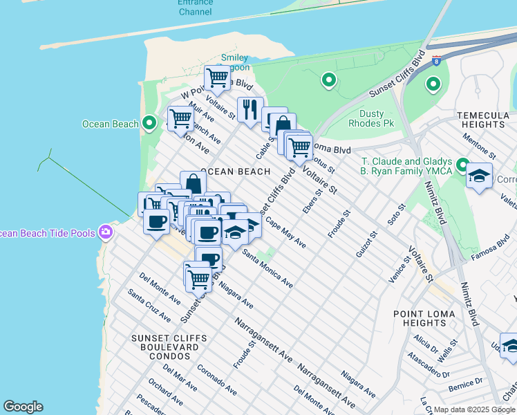 map of restaurants, bars, coffee shops, grocery stores, and more near 4844 Cape May Avenue in San Diego
