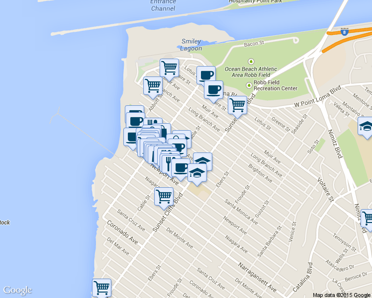 map of restaurants, bars, coffee shops, grocery stores, and more near 2030 Cable Street in San Diego