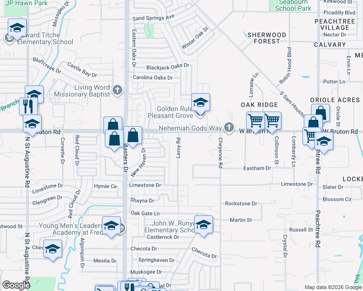 map of restaurants, bars, coffee shops, grocery stores, and more near 2036 Leroy Road in Dallas