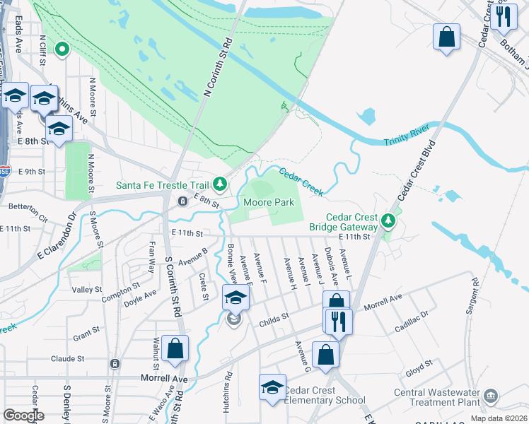 map of restaurants, bars, coffee shops, grocery stores, and more near 1900 East 8th Street in Dallas