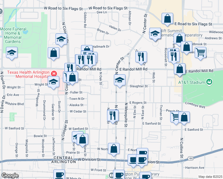 map of restaurants, bars, coffee shops, grocery stores, and more near 822 North Center Street in Arlington