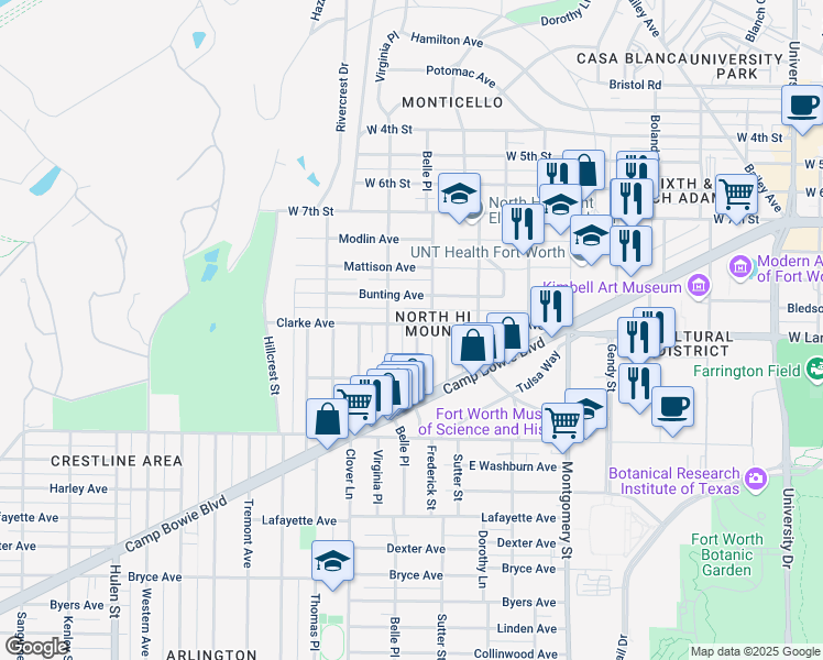 map of restaurants, bars, coffee shops, grocery stores, and more near 3902 Clarke Avenue in Fort Worth