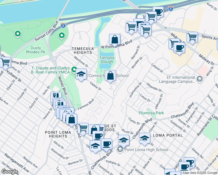map of restaurants, bars, coffee shops, grocery stores, and more near 2640 Worden Street in San Diego