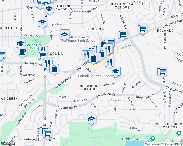 map of restaurants, bars, coffee shops, grocery stores, and more near 58th Street & Dandridge Lane in San Diego