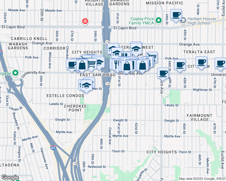 map of restaurants, bars, coffee shops, grocery stores, and more near 3805 Central Avenue in San Diego