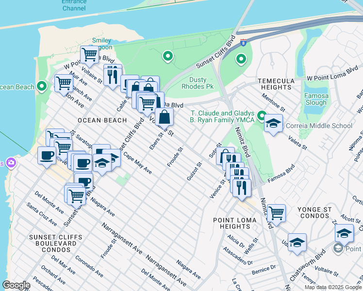 map of restaurants, bars, coffee shops, grocery stores, and more near 4615 Voltaire Street in San Diego