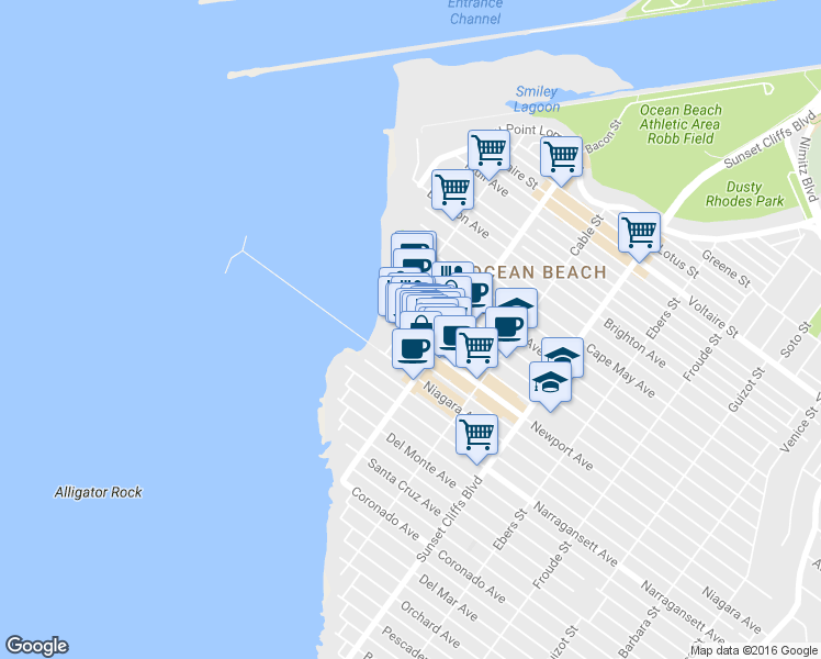 map of restaurants, bars, coffee shops, grocery stores, and more near 5060 Newport Avenue in San Diego