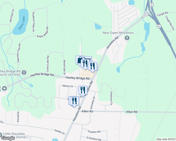 map of restaurants, bars, coffee shops, grocery stores, and more near 5615 Houston Road in Macon