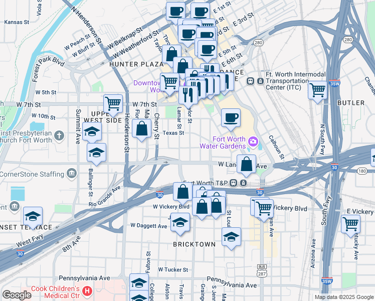 map of restaurants, bars, coffee shops, grocery stores, and more near 1021 Taylor Street in Fort Worth