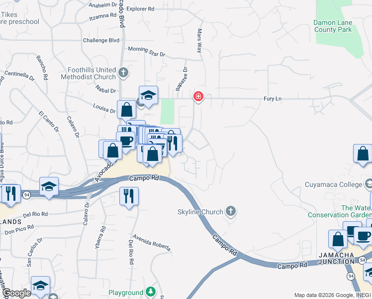map of restaurants, bars, coffee shops, grocery stores, and more near 3693 Avocado Village Court in La Mesa