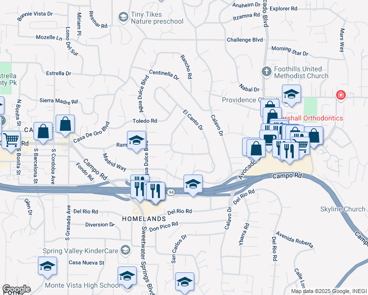 map of restaurants, bars, coffee shops, grocery stores, and more near 3804 Pinto Place in Spring Valley