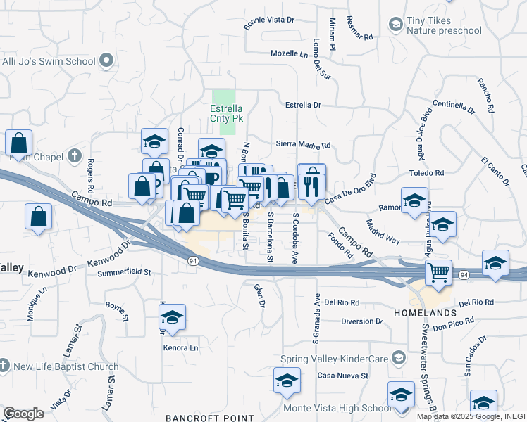 map of restaurants, bars, coffee shops, grocery stores, and more near in Casa de Oro-Mount Helix