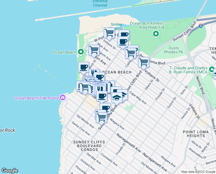 map of restaurants, bars, coffee shops, grocery stores, and more near 4915 Saratoga Avenue in San Diego