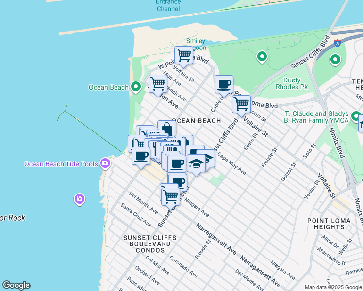 map of restaurants, bars, coffee shops, grocery stores, and more near 4917 1/2 Saratoga Avenue in San Diego