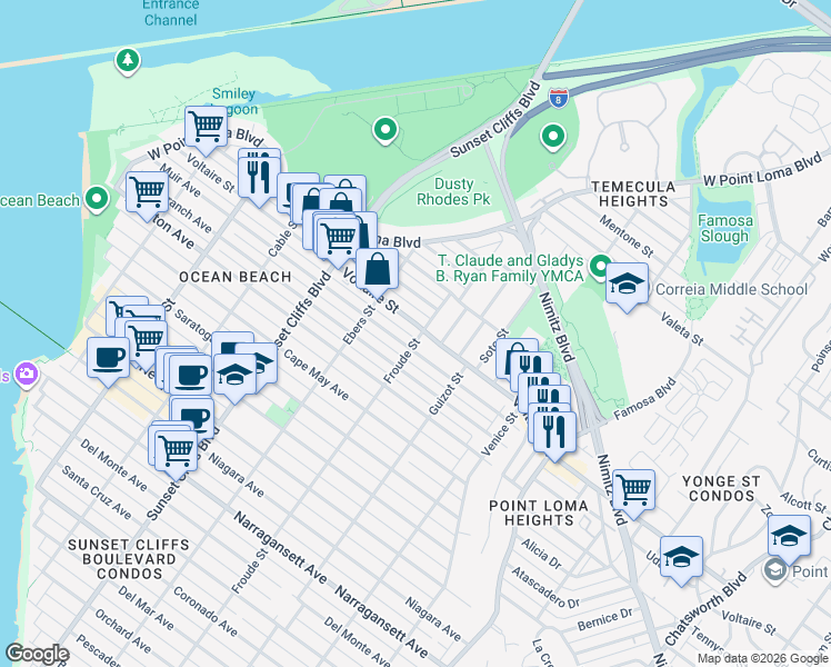 map of restaurants, bars, coffee shops, grocery stores, and more near 4605 Voltaire Street in San Diego