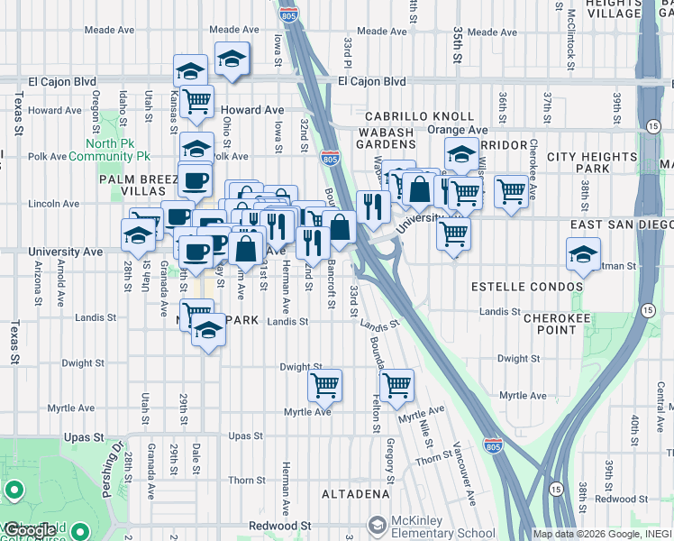 map of restaurants, bars, coffee shops, grocery stores, and more near 3832 33rd Street in San Diego
