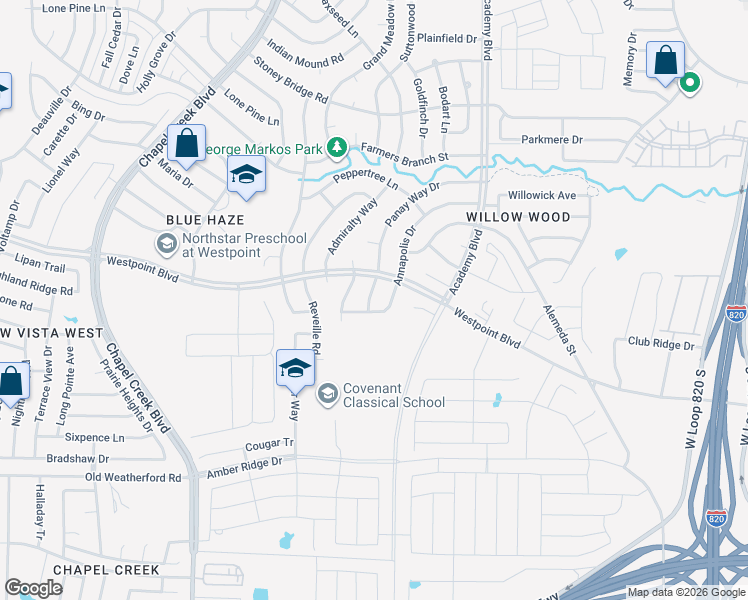 map of restaurants, bars, coffee shops, grocery stores, and more near 817 Panay Way Drive in Fort Worth