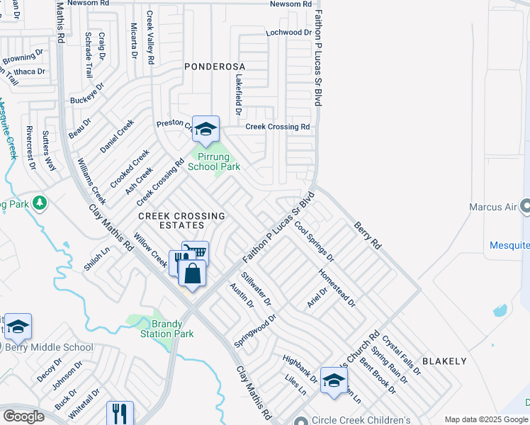 map of restaurants, bars, coffee shops, grocery stores, and more near 1707 Rosbury Court in Mesquite