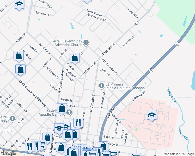 map of restaurants, bars, coffee shops, grocery stores, and more near 908 North Virginia Street in Terrell