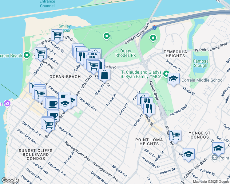 map of restaurants, bars, coffee shops, grocery stores, and more near 4605 Voltaire Street in San Diego