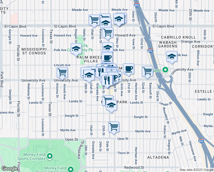map of restaurants, bars, coffee shops, grocery stores, and more near 2927 University Avenue in San Diego