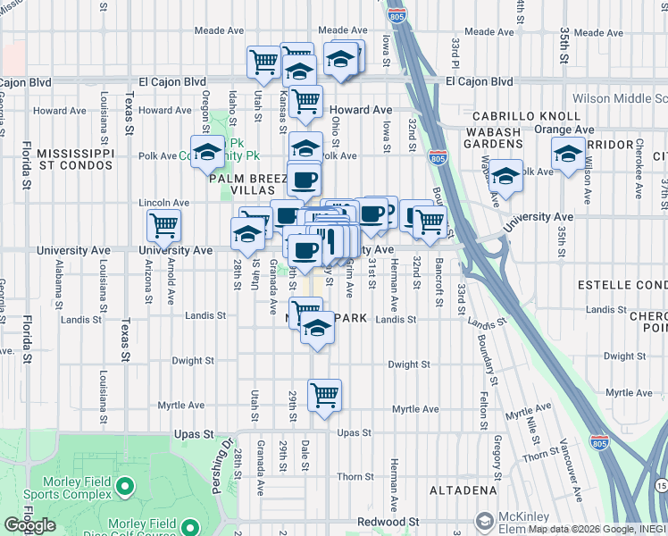 map of restaurants, bars, coffee shops, grocery stores, and more near 3811 Ray Street in San Diego