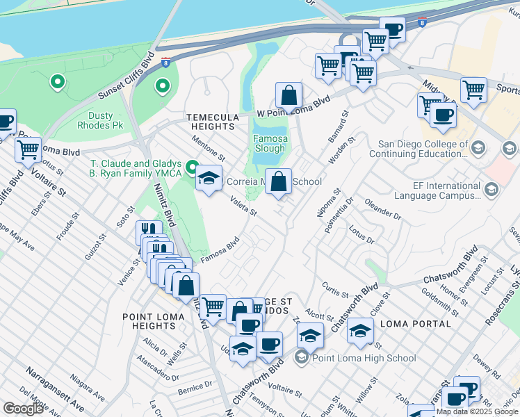 map of restaurants, bars, coffee shops, grocery stores, and more near 4062 Valeta Street in San Diego