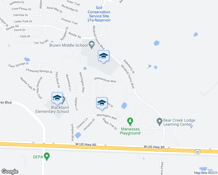 map of restaurants, bars, coffee shops, grocery stores, and more near 1215 Hampton Drive in Forney