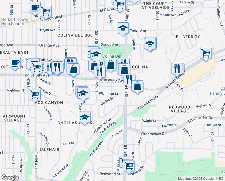 map of restaurants, bars, coffee shops, grocery stores, and more near 3821 Shiloh Road in San Diego