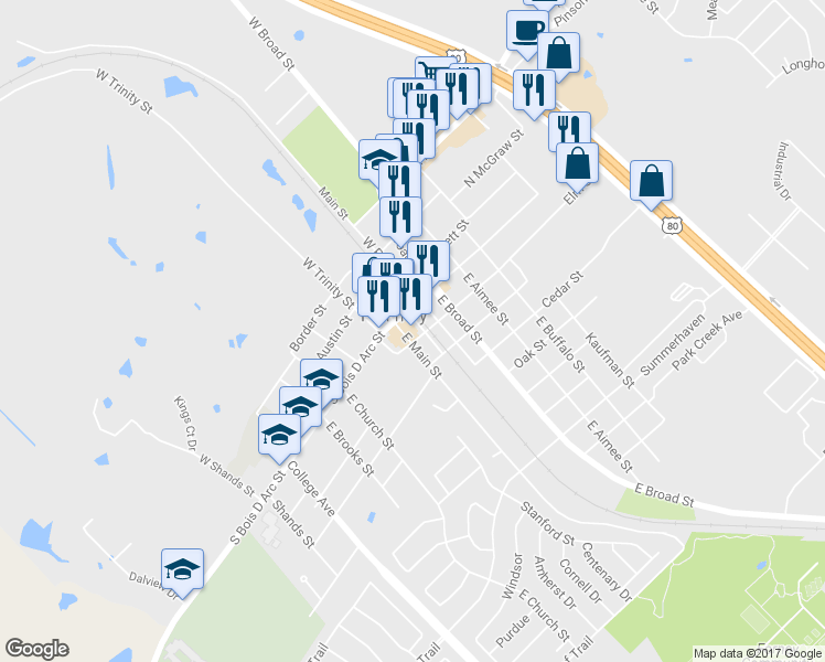 map of restaurants, bars, coffee shops, grocery stores, and more near 111 East Main Street in Forney
