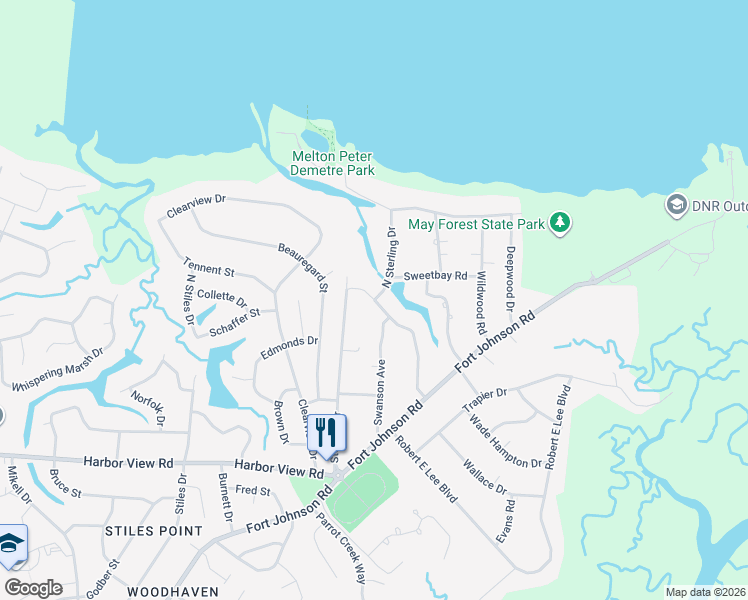 map of restaurants, bars, coffee shops, grocery stores, and more near 667 North Sterling Drive in Charleston