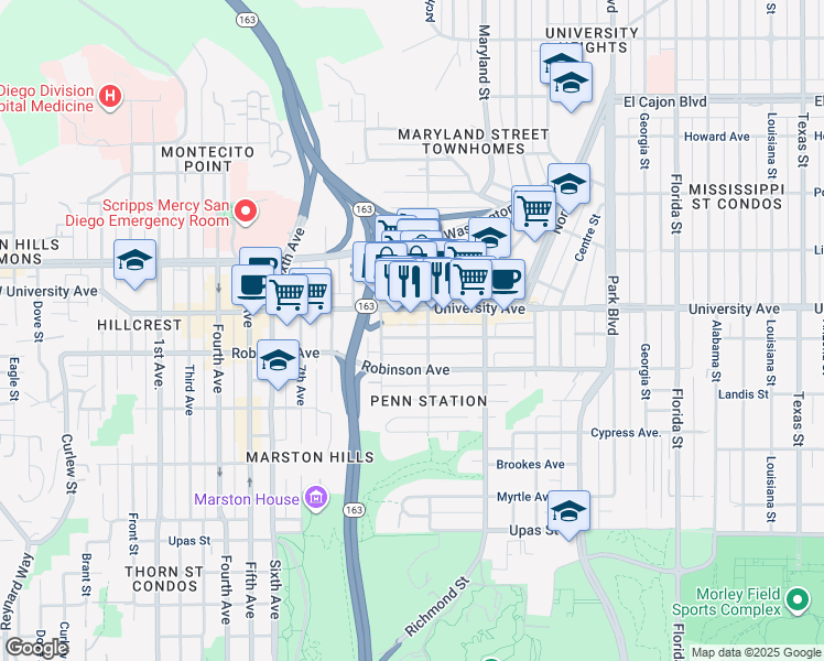 map of restaurants, bars, coffee shops, grocery stores, and more near 1050 Essex Street in San Diego