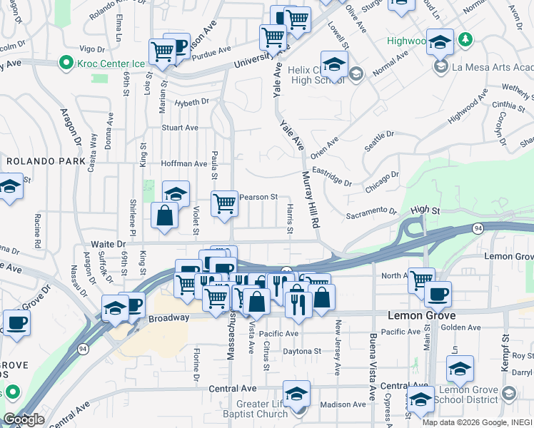 map of restaurants, bars, coffee shops, grocery stores, and more near 3871 Carancho Street in La Mesa