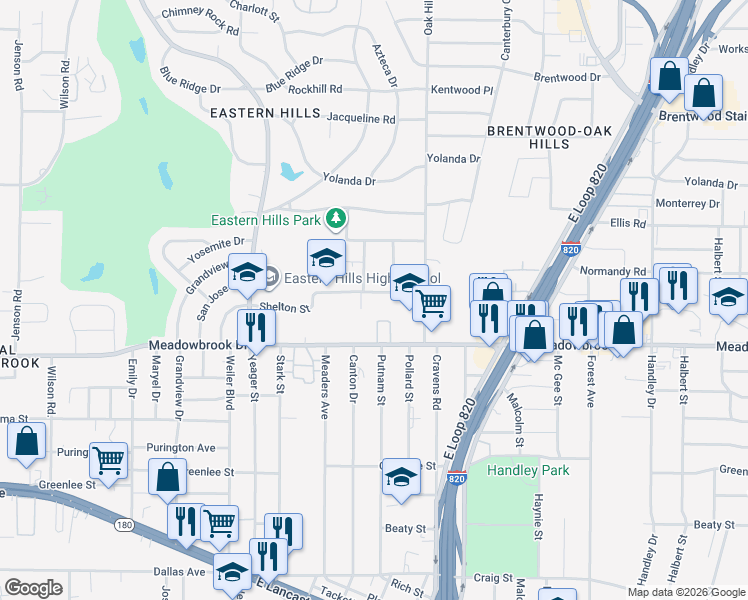map of restaurants, bars, coffee shops, grocery stores, and more near 6002 Shelton Street in Fort Worth