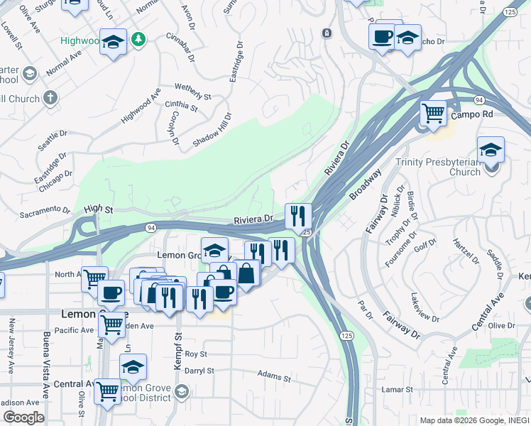 map of restaurants, bars, coffee shops, grocery stores, and more near 3760 Belvue Drive in La Mesa