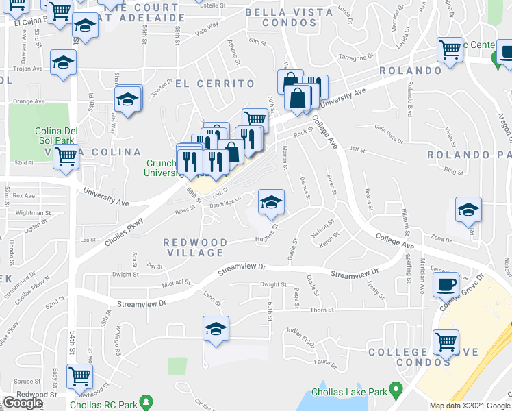 map of restaurants, bars, coffee shops, grocery stores, and more near 5990 Dandridge Lane in San Diego