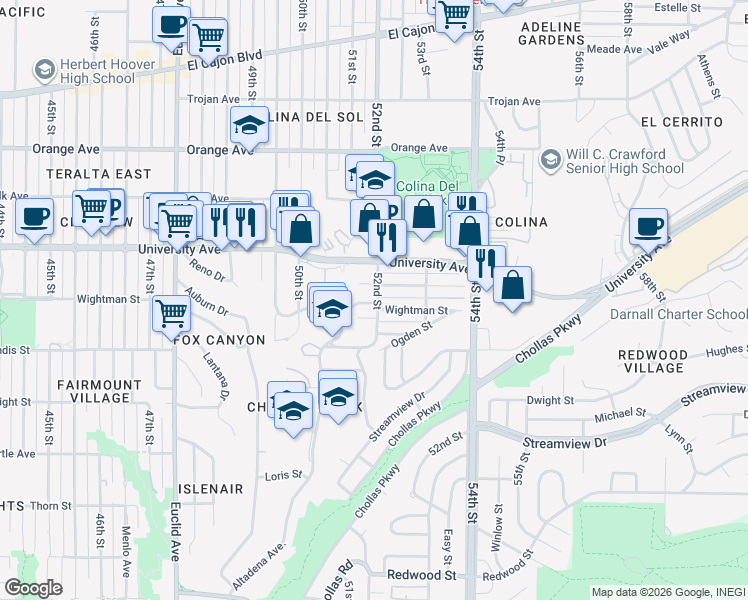 map of restaurants, bars, coffee shops, grocery stores, and more near 3828 52nd Street in San Diego